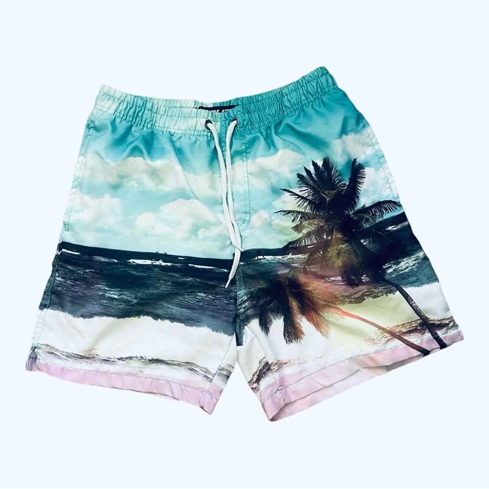 B.Split Swim Trunks Men L multicolored tropical beach print lined elastic waist
